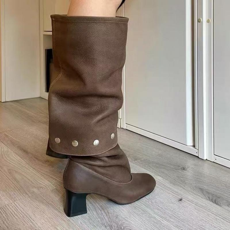 Cowhide~ Two Wear High Boots Female Knight Boots Autumn and Winter Round Head Splicing Thick Heel Sleeve Stacking Boots But Knee Rivets