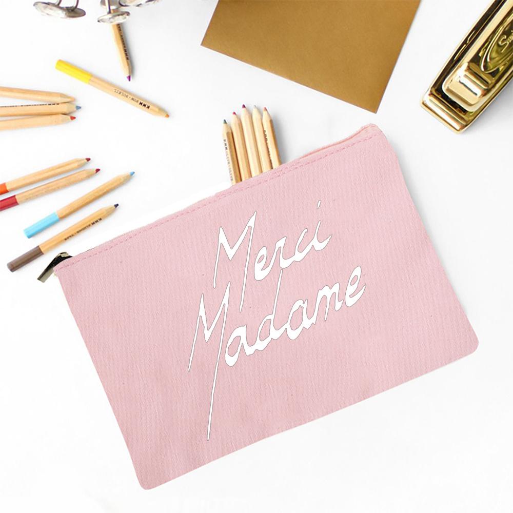 Merci Madame Print Pencil Bag Large Capacity School Stationery Supplies Storage Bags Travel Make Up Bag Year-end Gift for Madame