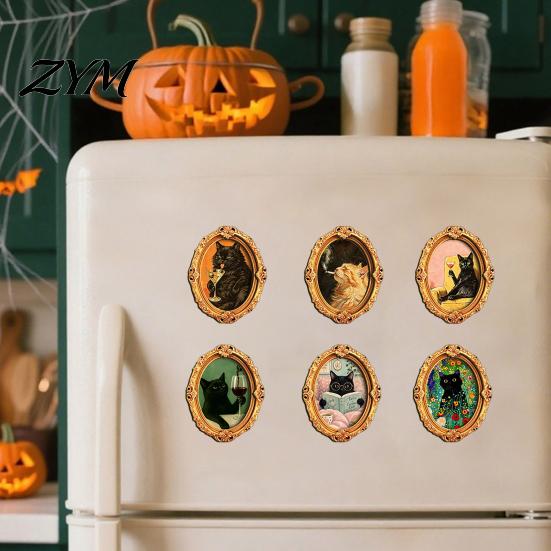 Magnetic Halloween Decorations 1/6Pcs Oval Frame Fridge Magnet, Wooden Vintage Retro Magnet Decor Refrigerator Kitchen Decoration Accessories,