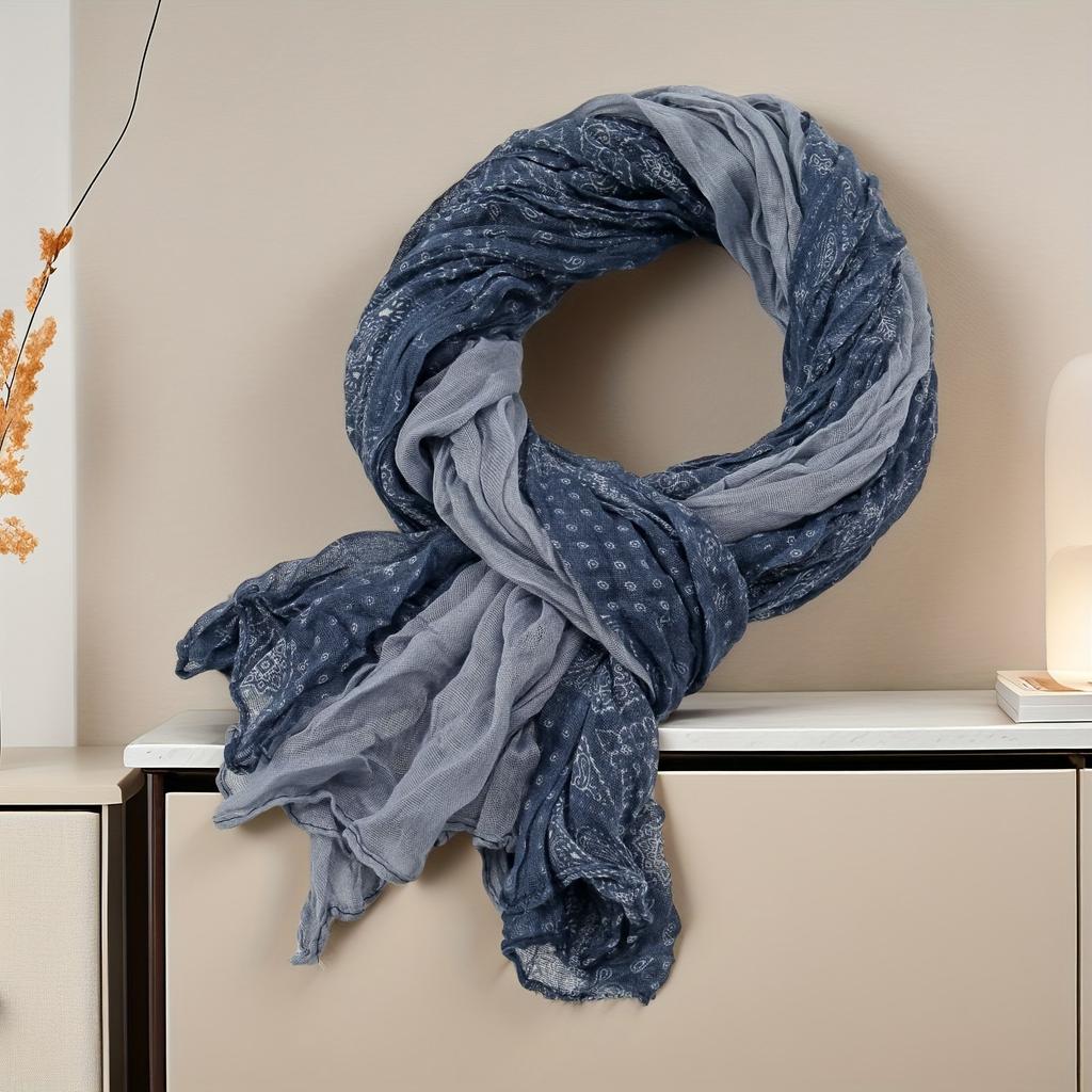 Retro Style Cotton and Linen Floral Scarf Long Color Blocked Ethnic Style Thin Shawl