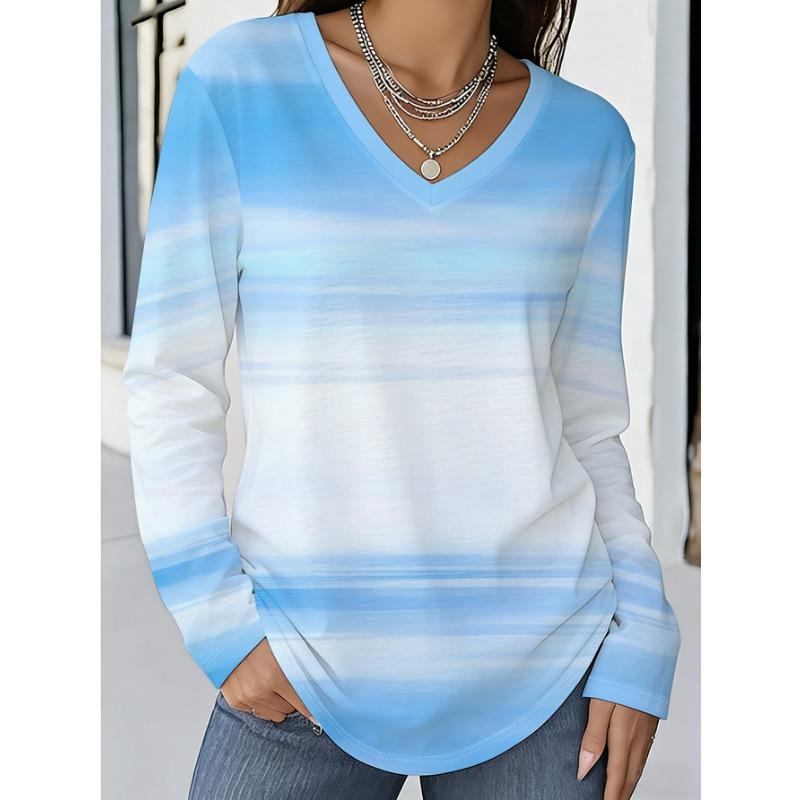 V-neck long-sleeved T-shirt with gradient cloud texture all-over print design, loose and casual spring and autumn comfortable and breathable top