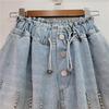 Damen Shorts Jeans Weiter Bein Kurze Hosen Elastischer Bund Knopf Diamanten Vintage Gewaschen Used Sommer Streetwear Denims