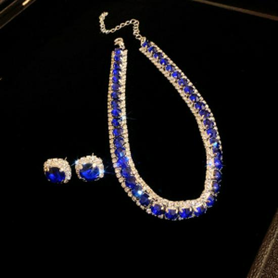 Emerald Rhinestone Square Stud Earrings & Necklace Set - Women's Luxury Jewelry with Court Style Elegance