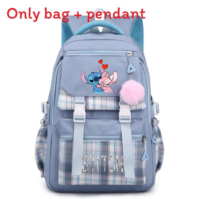 Cute Girl Backpack For School With Stitch Print And Checkered Patchwork Design For Middle School Students