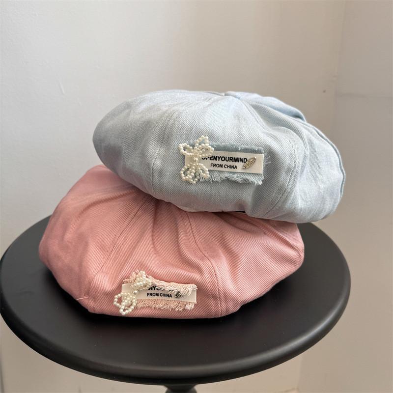Ins Style Denim Beret Hat With Pearl Embellishments Cute And Stylish Headwear For Women
