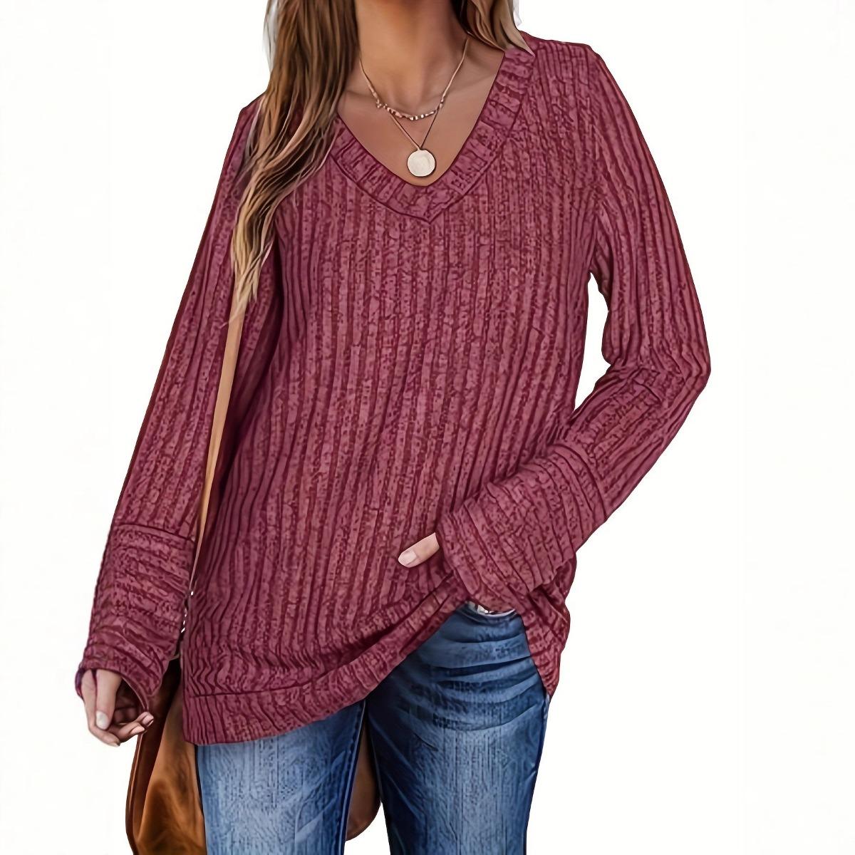 

Plus Size Women s Twisted Texture V-Neck Soft Casual Shirt for Spring Autumn Winter 1XL бордовый