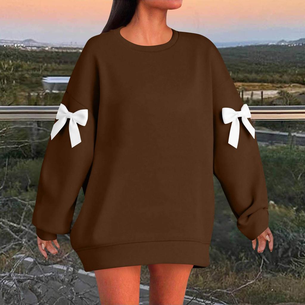 Women's Solid Color Bow Round Neck Long Sleeved Loose Pullover Sweater Sweatshirt