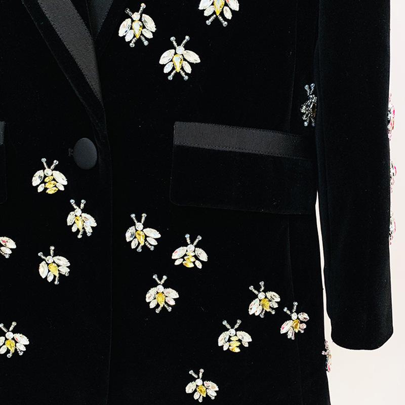 High-End Slim Fit Velvet Suit Jacket with Bee Embroidery and Rhinestone Beadwork