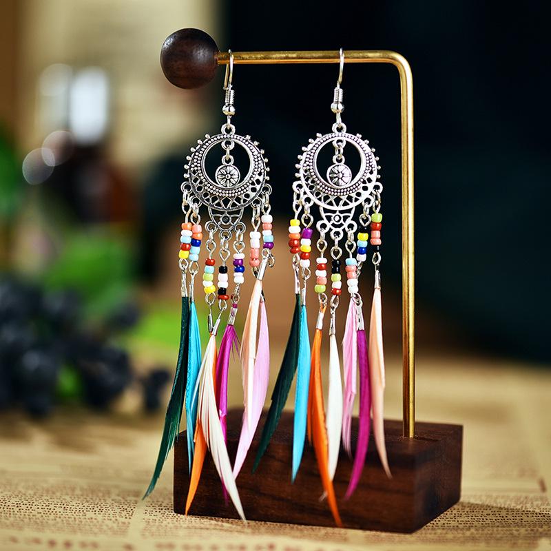 

Bohemian Vintage Ethnic Long Feather Tassel Earrings For Women Colorful Drop Dangle Female Wedding Earrings Zircon Party Gift