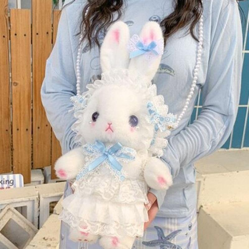 Anime Bag Lolita Rabbit Doll Plush Doll Bag Pearl Chain Oblique Span Bag Plush Backpack Two-dimensional Bag