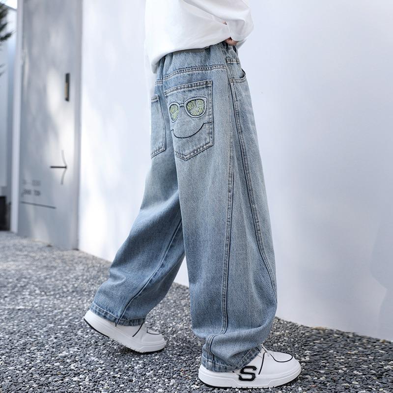 Boys Korean Style Solid Color Loose Mid Waist Elastic Waistband Long Denim Pants For Spring And Autumn