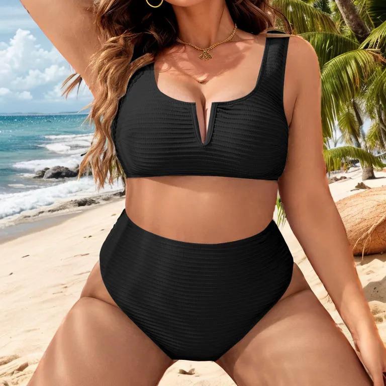 

2024 Women s Sexy Black High-Waisted Plus Size Bikini - European & American Style 4XL чёрный