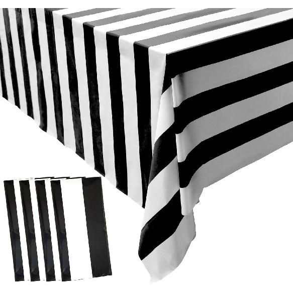 peony man 2 Pieces Black and White Striped Tablecloth Plastic Stripe Table Cover Waterproof Rectangle Tablecloth for Holiday Party Picnic Decoration