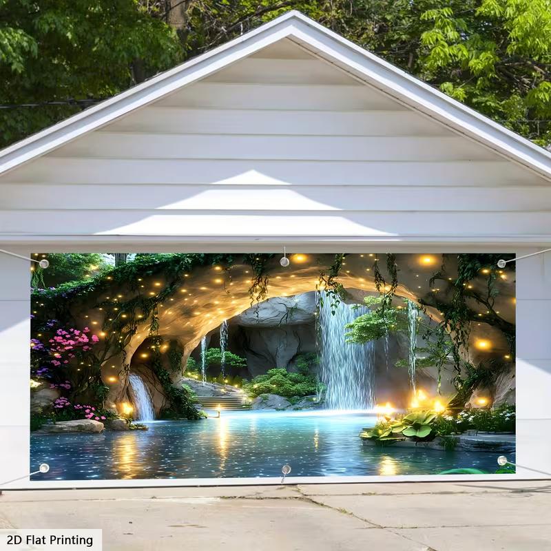 2D Fantasy Cave Waterfall Garage Door Tapestry Enchanted Forest Background Cloth