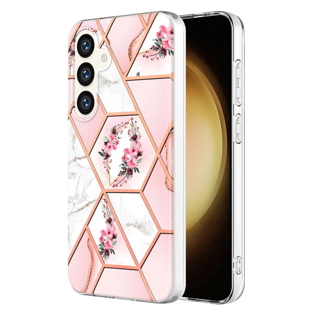 

For Samsung Galaxy S24/Galaxy S25 Case with IMD Marble Flower Pattern TPU Mobile Back Cover Pink Flowers