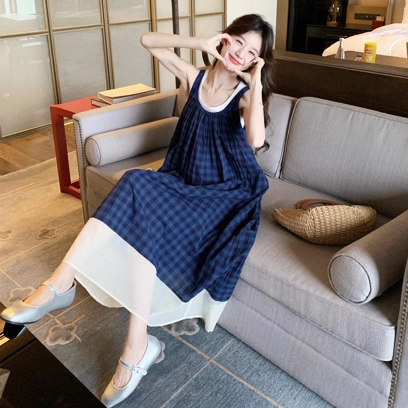 Blue plaid sleeveless dress French literary style Mori retro small fresh holiday suspender vest long dress