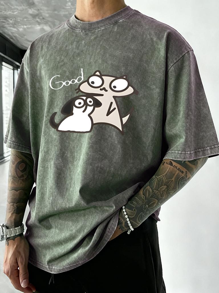 Good Cartoon Dog Cat Design Washed T Shirt Man Cotton Casual TShirt Vacation Beach Clothes Oversized Comfortable Sportswear