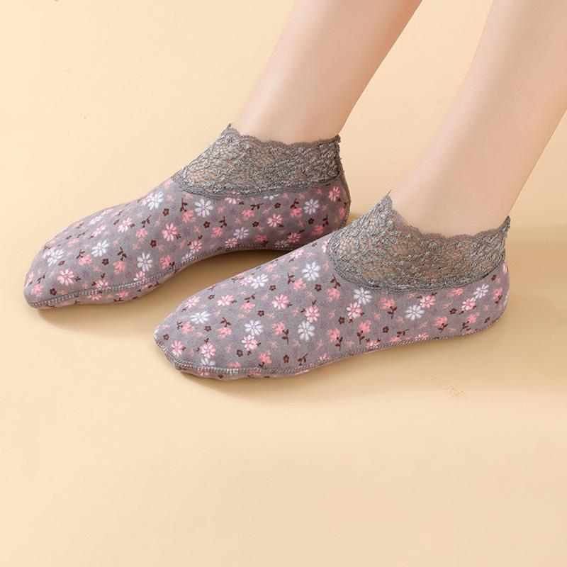 1 Pair Velvet Women Thermal Socks Autumn Winter Low Tube Warm Anti-slip Lace Trim Floor Socks