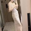 Suspender Dress Printed Pleated Mesh Outer Wear Inner Slim and Thin Temperament Fairy Pure Desire Style Design Long Dress
