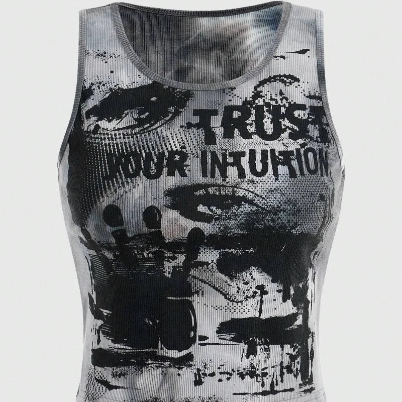 

Европейский и американский стиль темные граффити бленд облегающий крой круглый вырез облегающий топ L серый