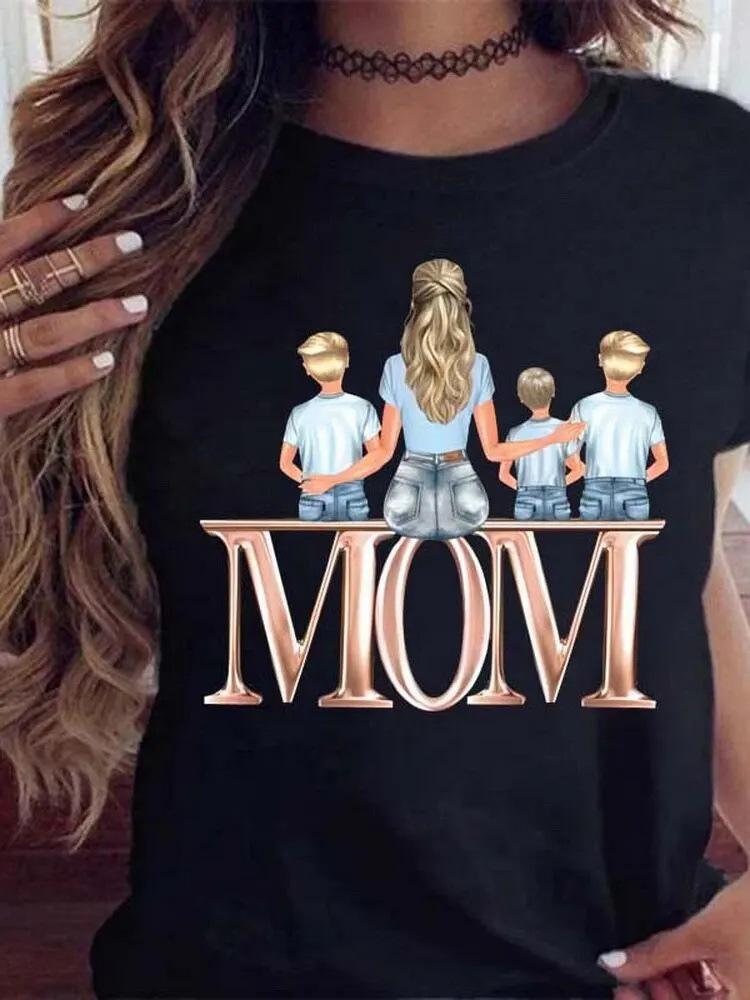 Cartoon Mother and Son Daughter Printed Women's T-Shirt Summer Casual Harajuku Mom Printed Short Sleeves