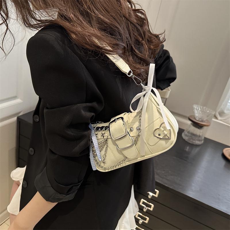 Y2k Retro Women‘s Chain Shoulder Bags PU Leather Ladies Small Underarm Bag Sweet Bow Star Trend Female Crossbody Bag Handbags