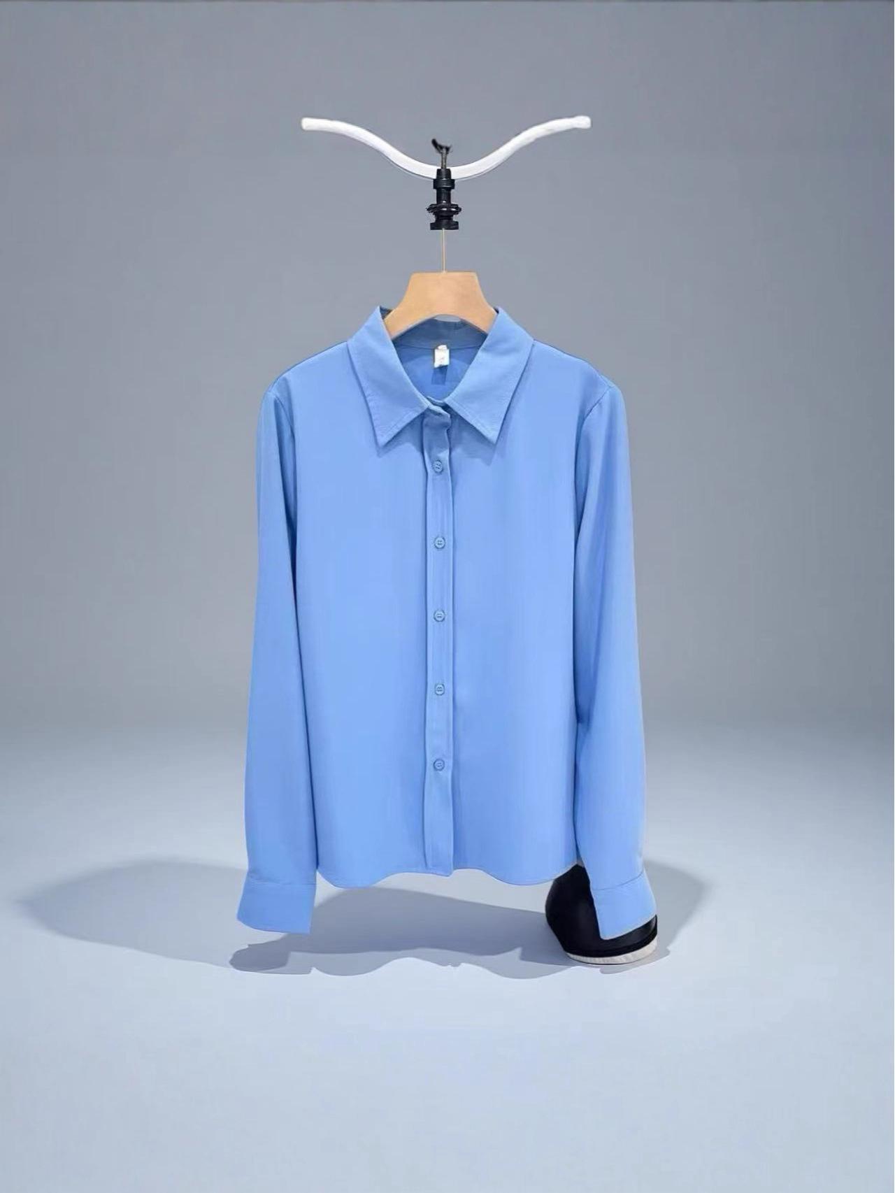 Yifei Style Women s Blue Long-Sleeve French Retro Shirt - Summer Casual Slim Fit Top Large