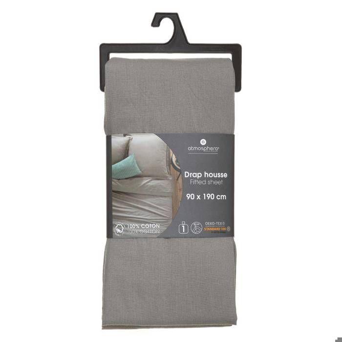 Drap-housse "Carina" Coton Gris Souris 90x190cm - Atmosphera Createur D'interieur