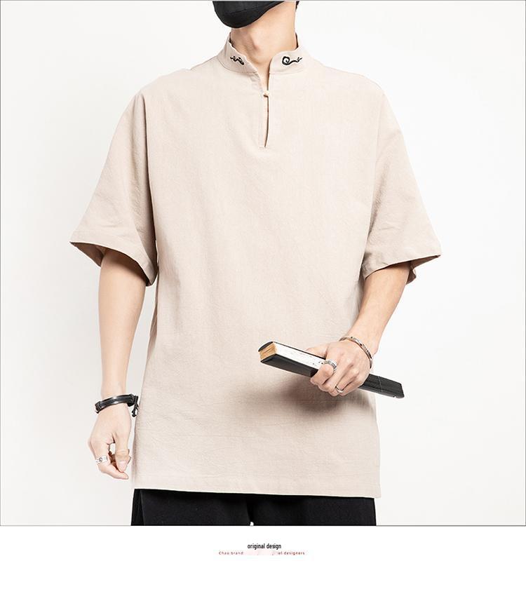 2022 Chinese Style Men's Casual Cotton Linen T-shirt, Retro Plus Size Long Sleeve Tang Suit