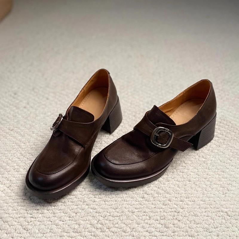 The Treasure of the Town Store~ British Retro Wasteland Style Metal Buckle Round Head Thick Heel Soft Leather Single Shoes Washed Cowhide Loafers