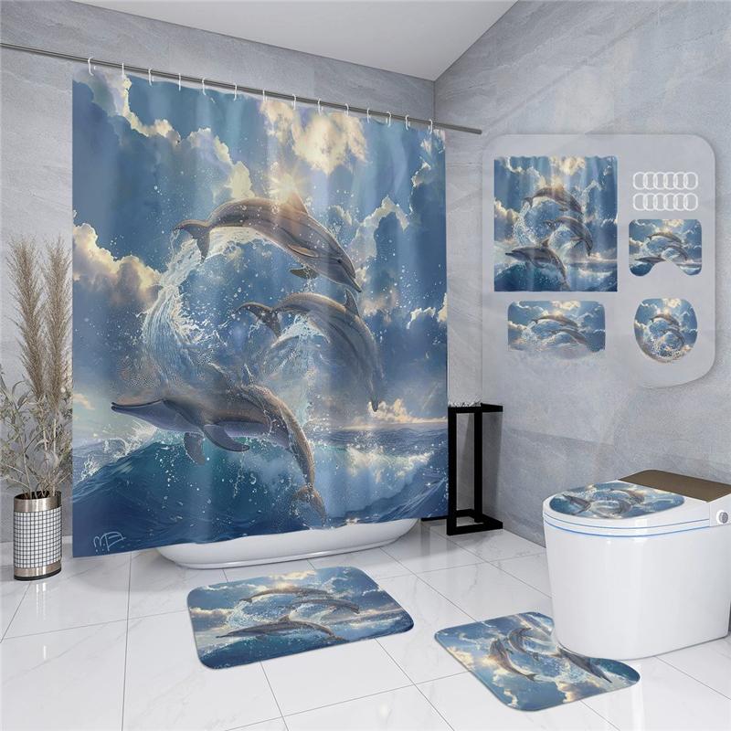 18 Colors 4Piece Marine Style Dolphin Waterproof Shower Curtain Set Anti-slip Mat Base Carpet Toilet Cover Pad Bathroom Kit