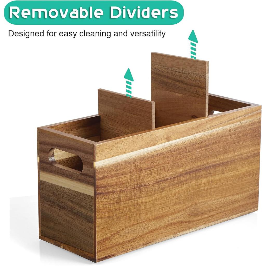 Wood Utensil Holder for Kitchen Counter 3 Compartment Large Cutlery Holder Caddy Organizer for Silverware Fork Spoon Spatula