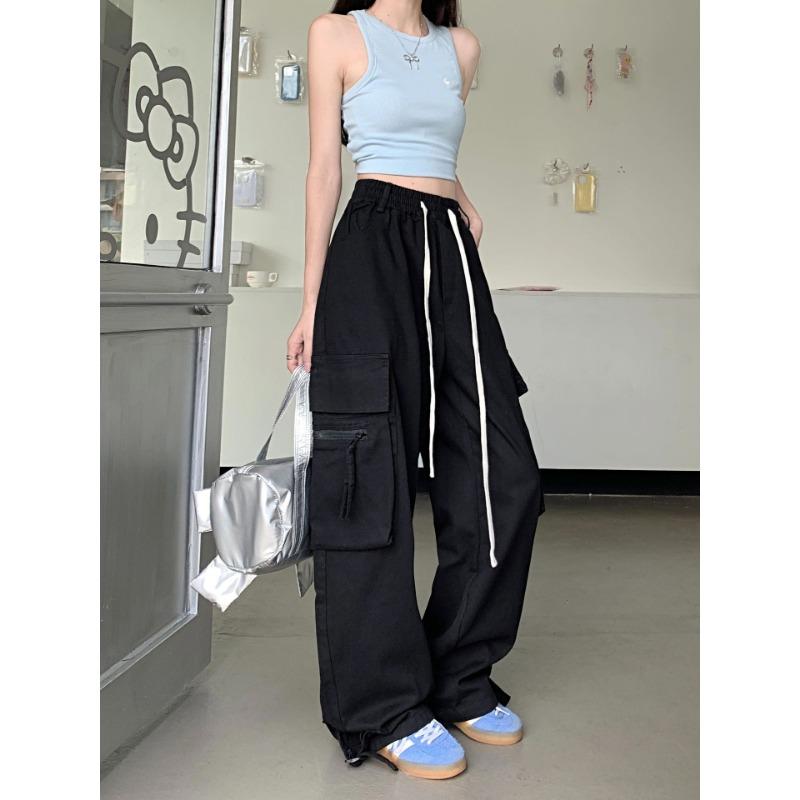 

Ретро-красные многокарманные рабочие брюки с широкими штанинами для женщин на весну и осень High Street Design Sense прямые повседневные брюки 4XL чёрный