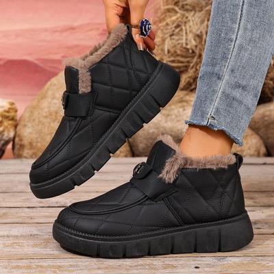 Plus Size Women's Snow Boots with Faux Fur Lining, Chunky Sole Slip-On Winter Shoes, Wide Width Non-Slip Comfort Walking Shoes Arch Support