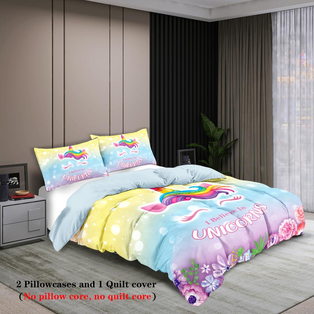 3pcs Cartoon Unicorn Pattern Print Duvet Cover Set, Soft, Comfortable and Breathable, for Bedroom, Hotel, Best Gift for Girls