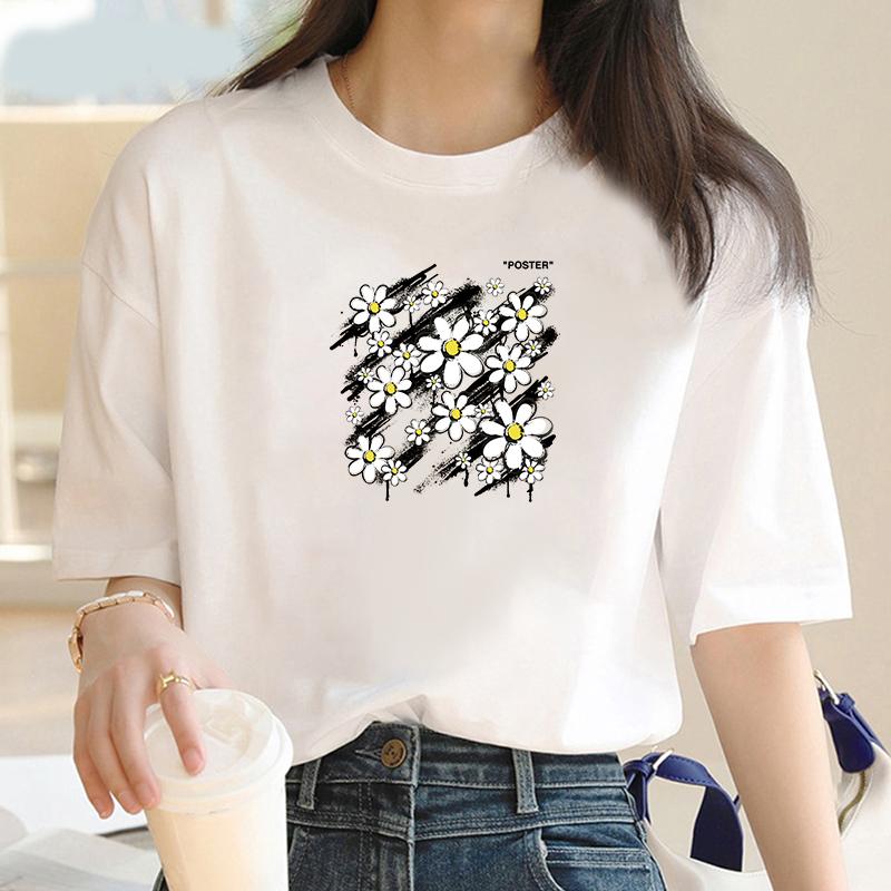

Fun white chrysanthemum print Cute ladies short sleeve fashion casual wear Summer Cotton T-shirt Oversized street T-shirt Unisex 2XL