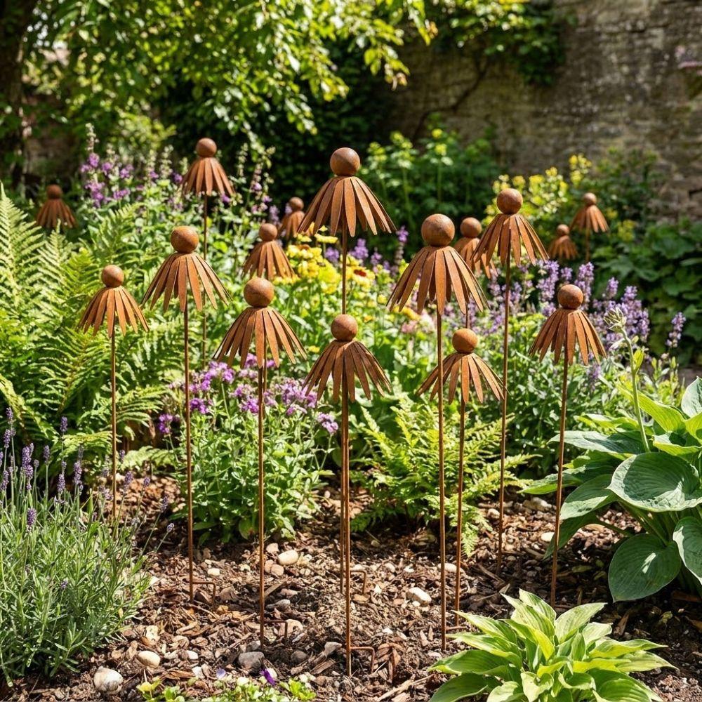 Long Stakes Metal Daisy Stake Rusted Iron Rustic Garden Art Curved Petal Stake Garden Yard