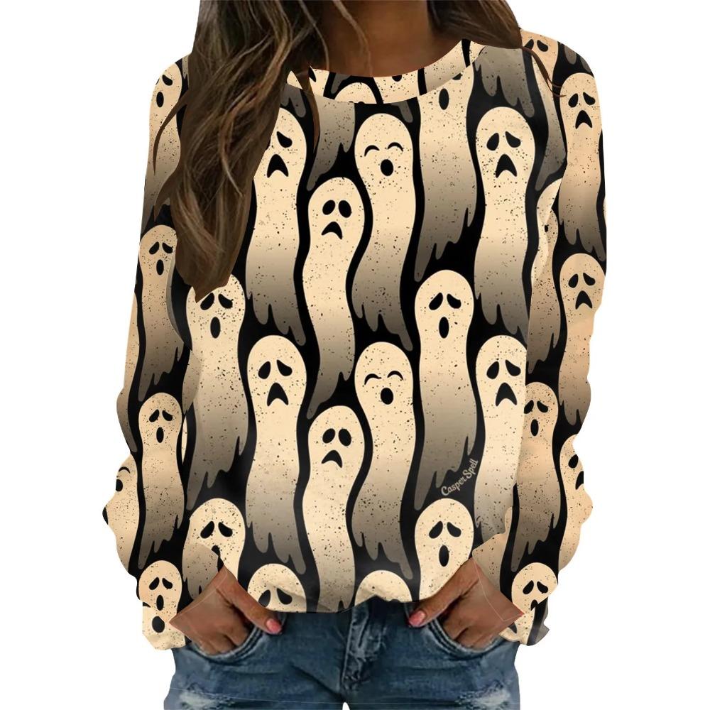 Halloween pattern pumpkin bat 3D printed women's Harajuku round neck long sleeved T-shirt
