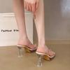 Thick-bottomed waterproof table transparent one-word with high-heeled slippers women's 2025 summer wear crystal and thick-heeled cool slippers