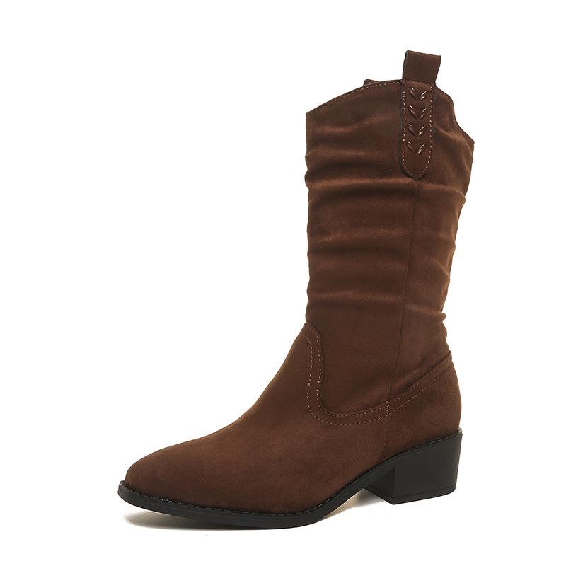 Large size women's boots 2025 autumn and winter new denim retro pleated piled boots pointed thick heel thin Martin boots