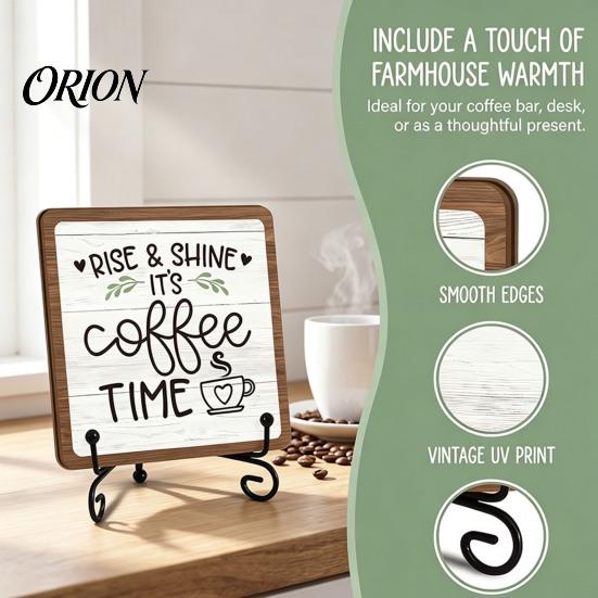 Kitchen Countertop Ornament Coffee Themed Wooden Tabletop Sign, Rustic Bar Plaque with Iron Small Decorative Stand, Farmhouse Home Dining Room