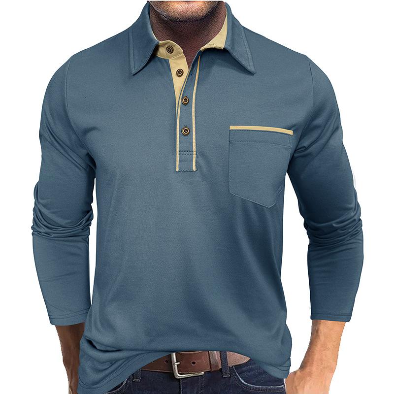 Men's Lapel Contrast Color Pocket Long Sleeve Polo Shirt Casual T-Shirt Tees