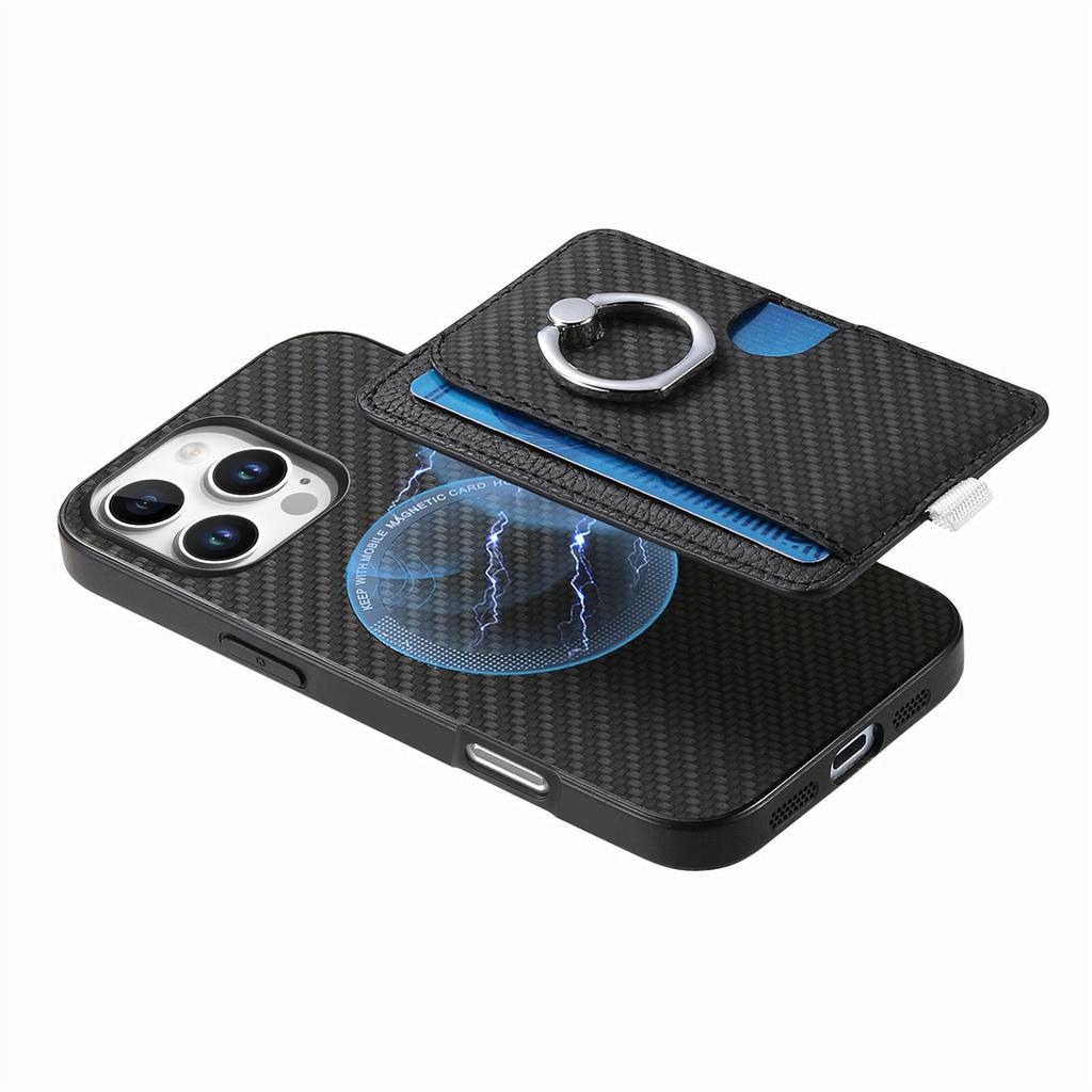 For iPhone 16 Pro Case Ring Kickstand Leather Back Cover with Magnetic Detachable Card Holder