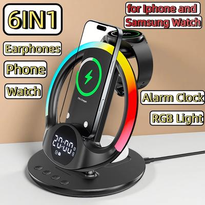 6-in-1 Wireless Charger with RGB Ambient Light & Alarm Clock Station for Iphone/Samsung Phone, iWatch/Galaxy Watch, AirPods/Buds