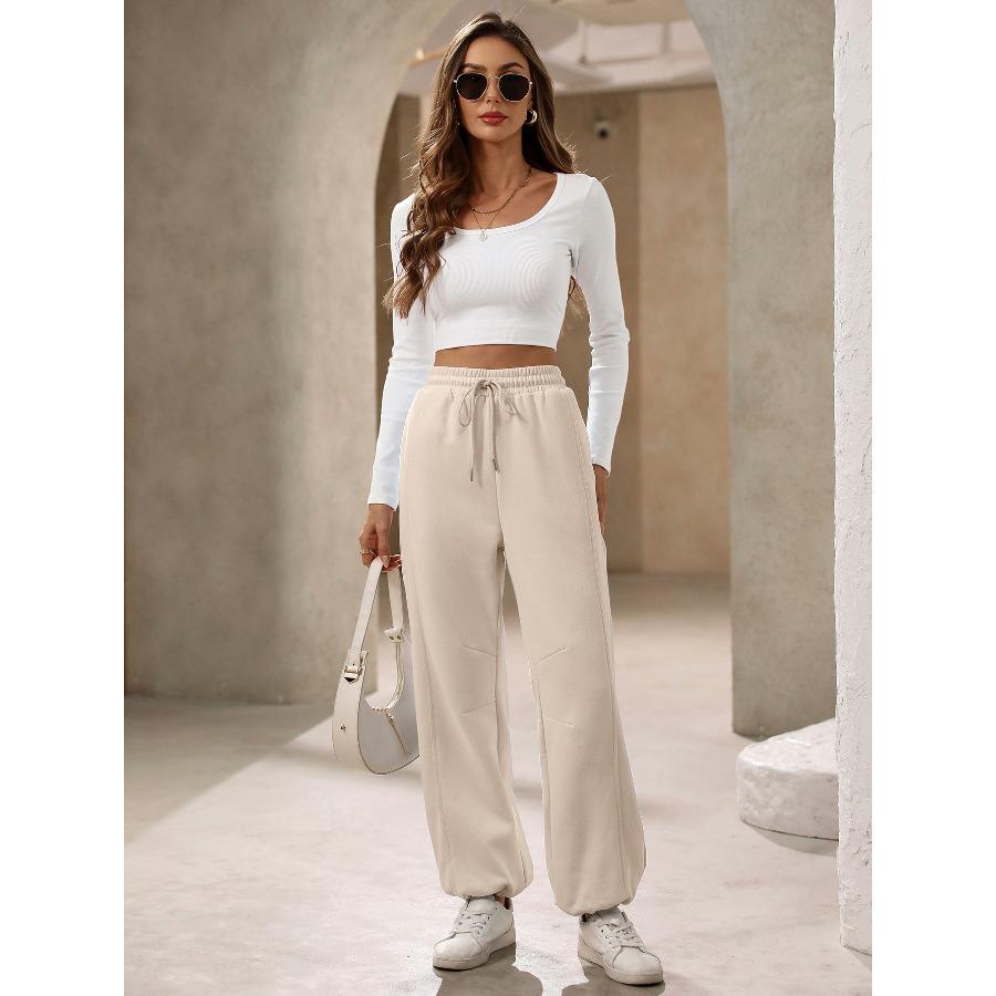 Autumn Winter Pocket Trousers Women's Sports Pants Casual Elastic Waist Solid Long Pants & Capris