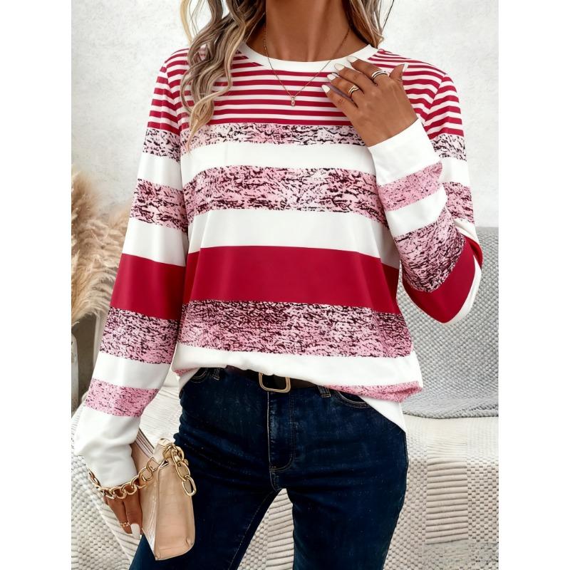 Ladies' New Long-Sleeved T-Shirt for Spring And Autumn, Fashionable Ladies' Striped Printed Top