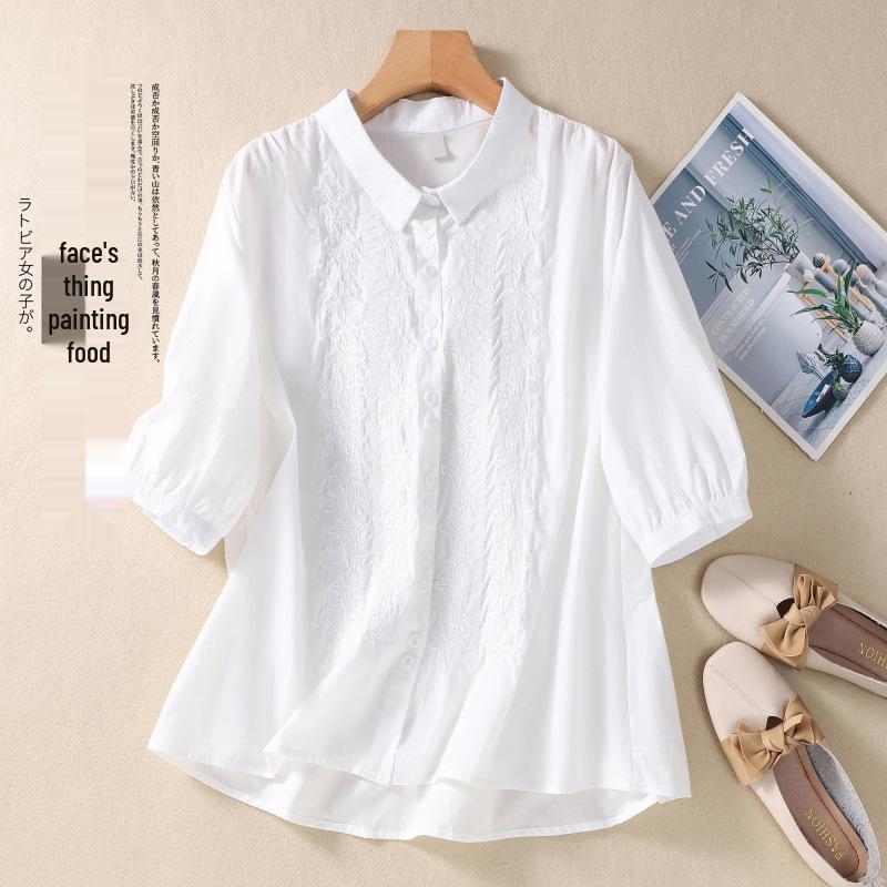 2025 Summer Women's Seven-Sleeve Cotton Linen Shirt with Floral Embroidery and Retro Turn-Down Collar