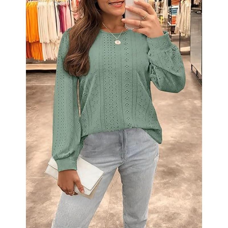 Women's Blouse Round Neck Small Eyelet Bubble Sleeve Long Sleeve Top