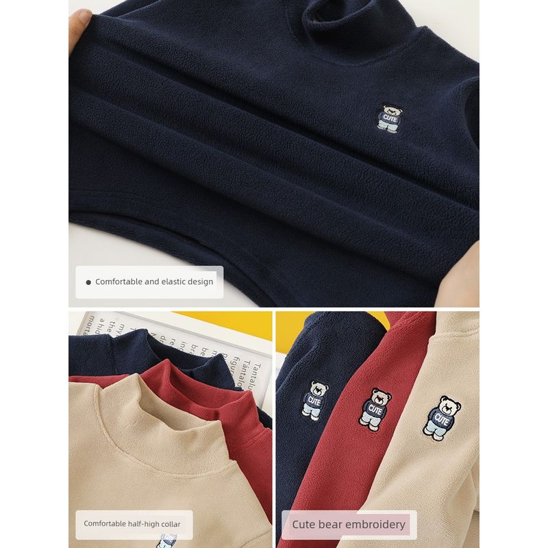 Style Children's T-Shirt with Fleece, Winter Half-High Collar Top, Girls' Base Layer Shirt, Baby Thickened Winter Clothing, Boys' Children's Clothing