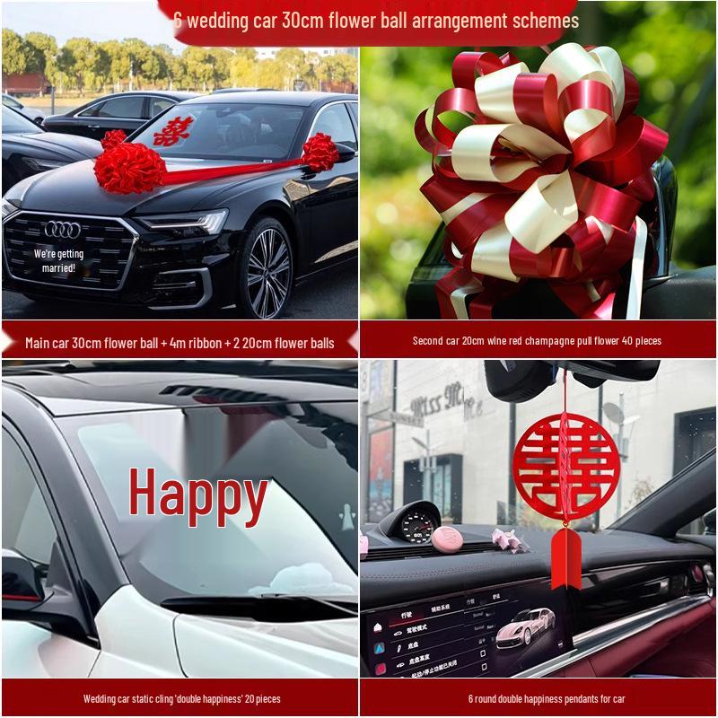 Complete Wedding Car Decoration Set: Escort Car Hood Flowers, Welcome Garland, Double Happiness Arrangement for a Festive Display